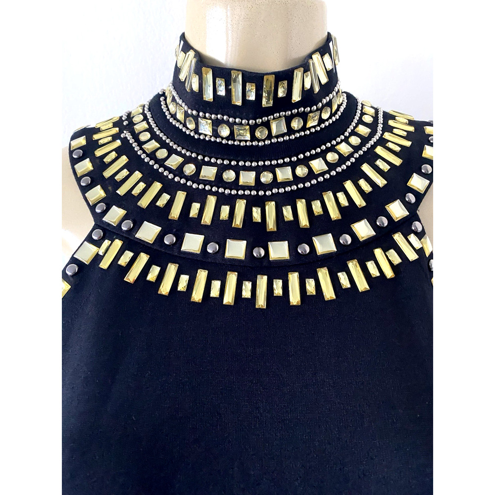 Grayse Black Dress Mock Neck Rhinestone Bead Gold Sheath Knit Sleeveless Mini L - Picture 8 of 11